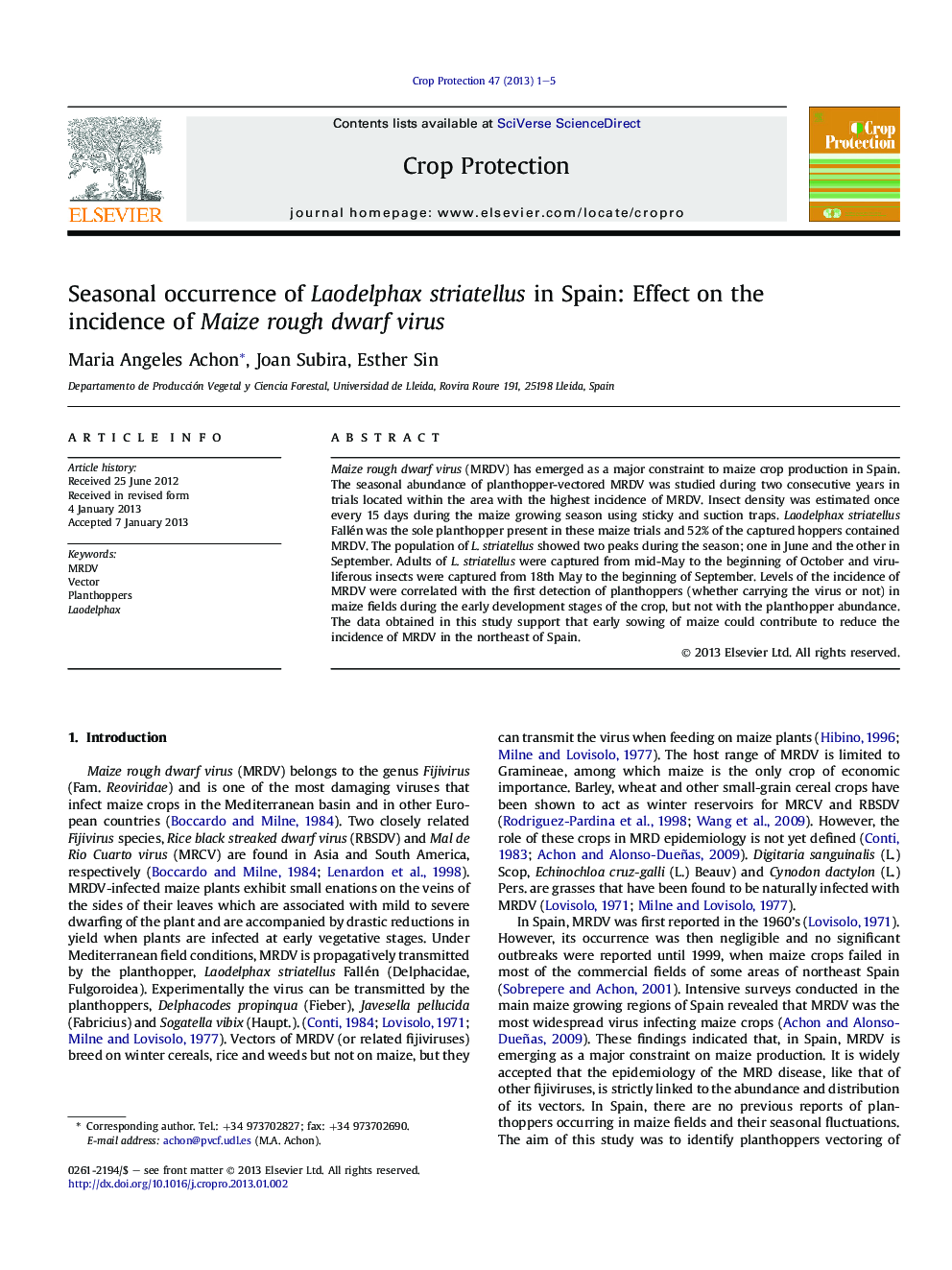 Seasonal occurrence of Laodelphax striatellus in Spain: Effect on the incidence of Maize rough dwarf virus