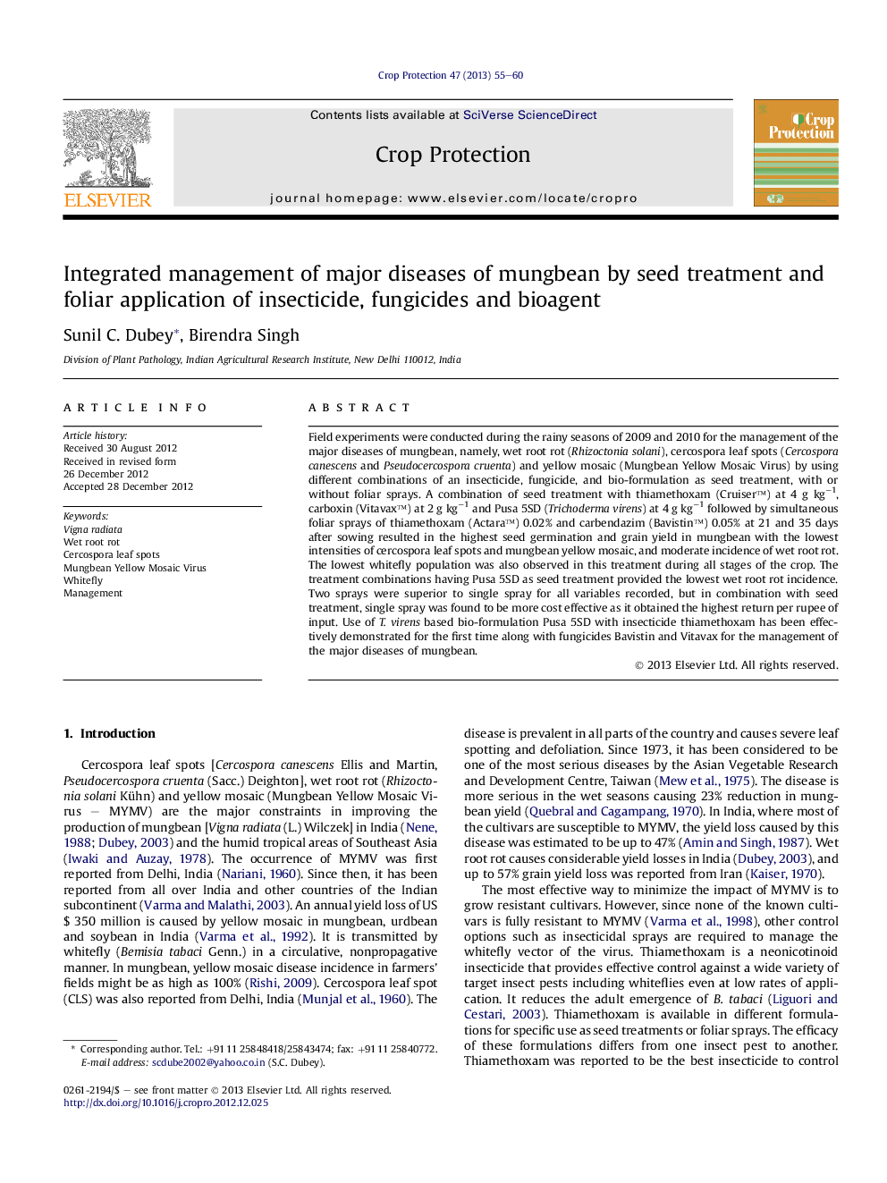 Integrated management of major diseases of mungbean by seed treatment and foliar application of insecticide, fungicides and bioagent