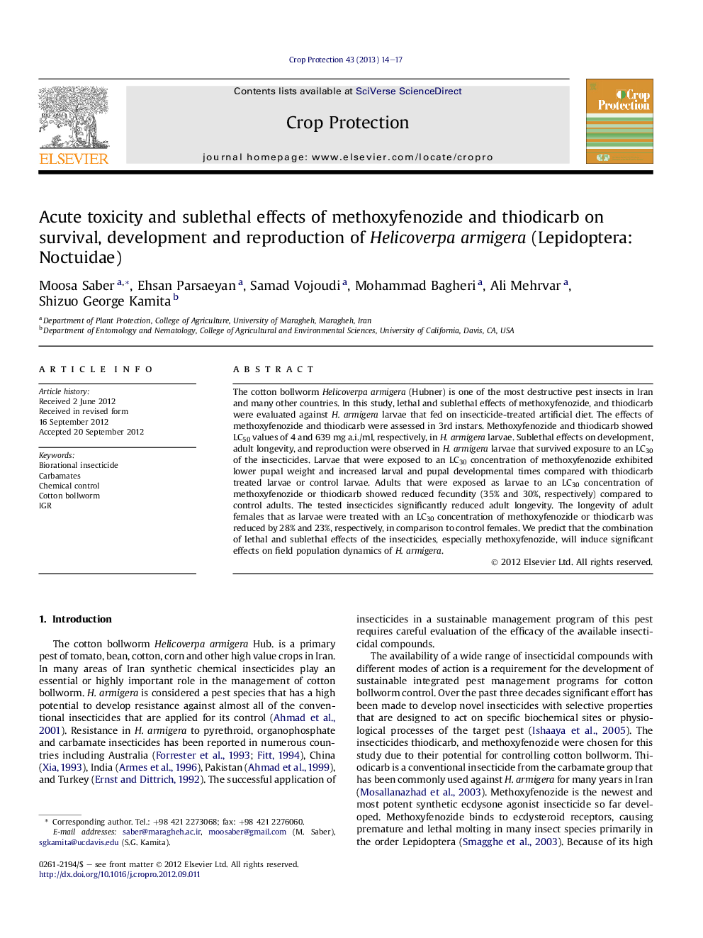 Acute toxicity and sublethal effects of methoxyfenozide and thiodicarb on survival, development and reproduction of Helicoverpa armigera (Lepidoptera: Noctuidae)