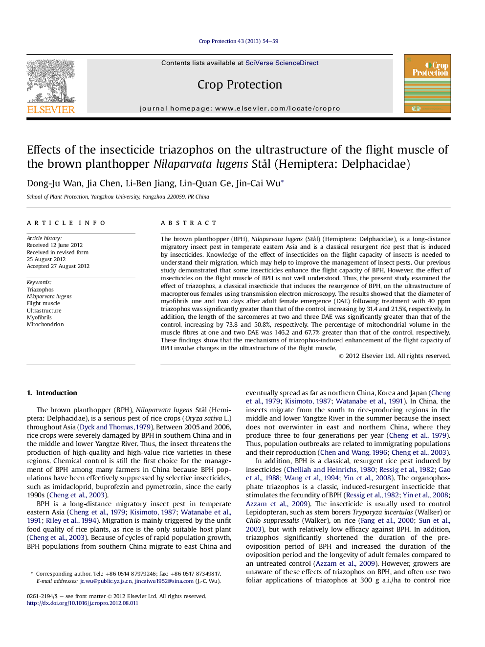 Effects of the insecticide triazophos on the ultrastructure of the flight muscle of the brown planthopper Nilaparvata lugens StÃ¥l (Hemiptera: Delphacidae)