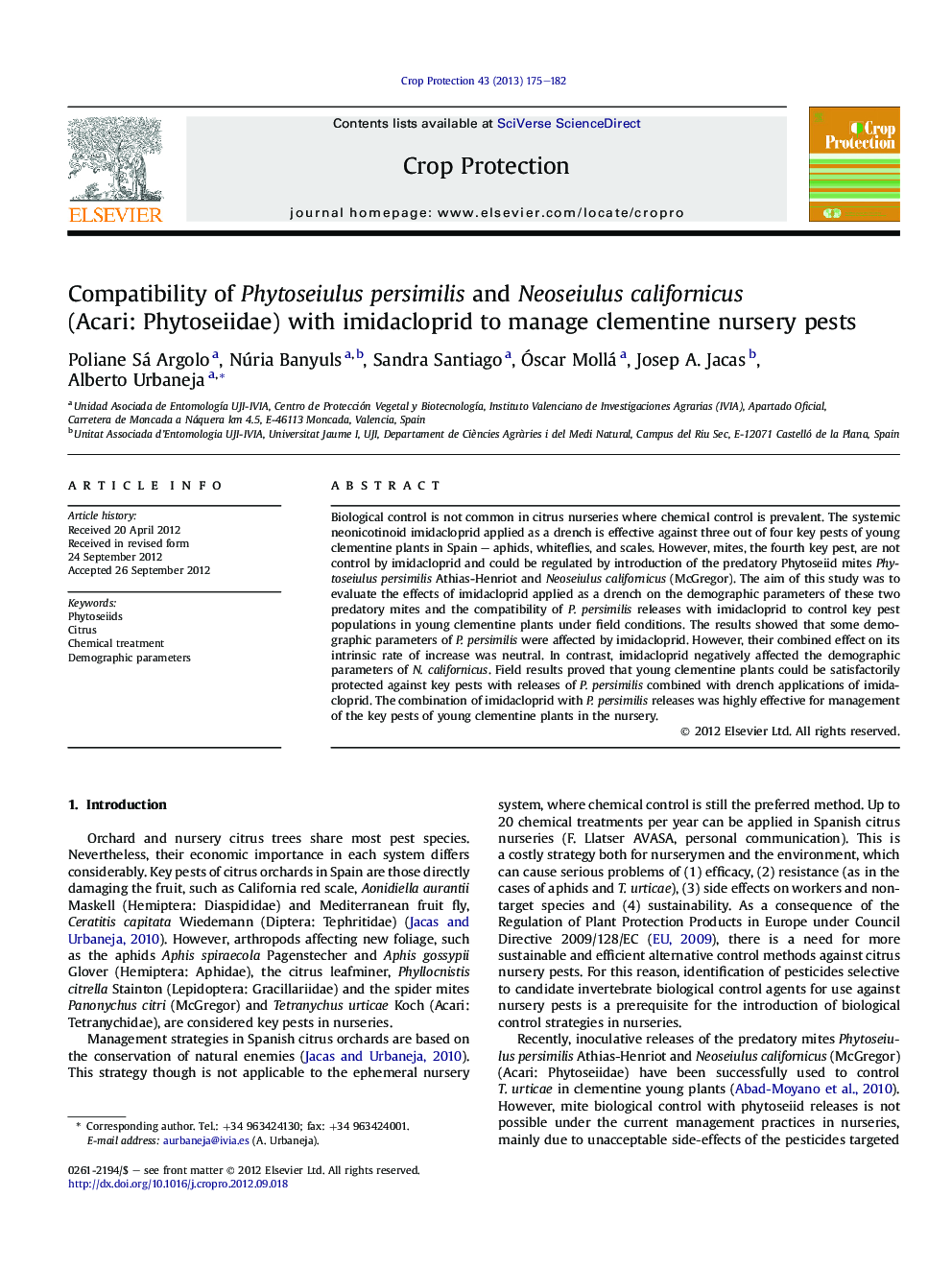 Compatibility of Phytoseiulus persimilis and Neoseiulus californicus (Acari: Phytoseiidae) with imidacloprid to manage clementine nursery pests