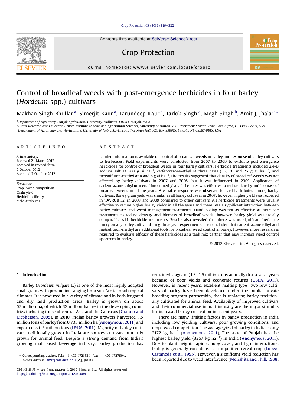 Control of broadleaf weeds with post-emergence herbicides in four barley (Hordeum spp.) cultivars