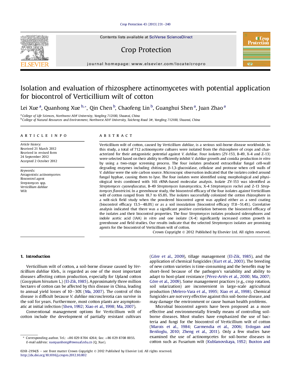 Isolation and evaluation of rhizosphere actinomycetes with potential application for biocontrol of Verticillium wilt of cotton