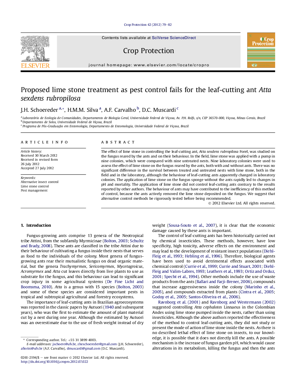 Proposed lime stone treatment as pest control fails for the leaf-cutting ant Atta sexdens rubropilosa