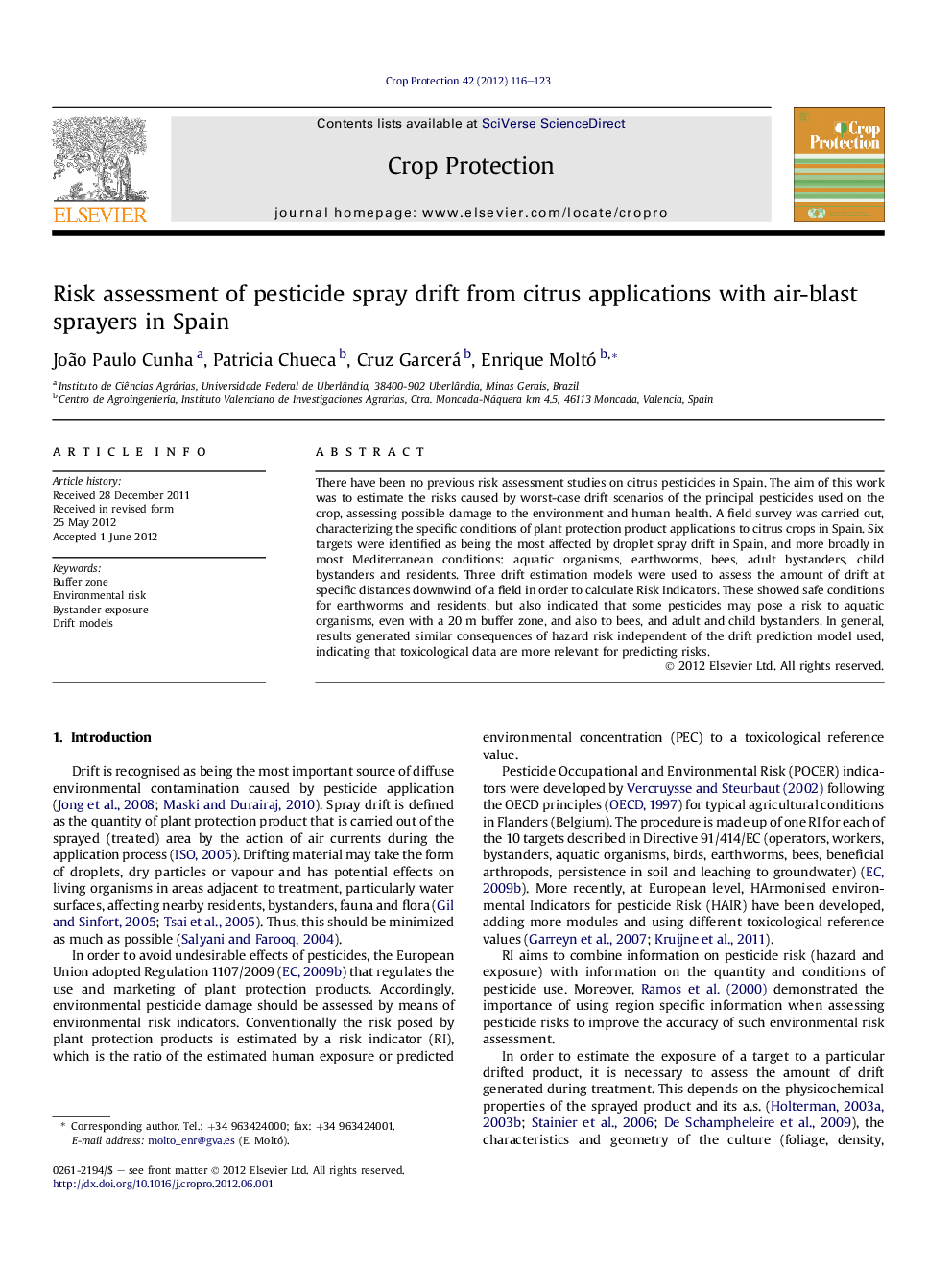 Risk assessment of pesticide spray drift from citrus applications with air-blast sprayers in Spain