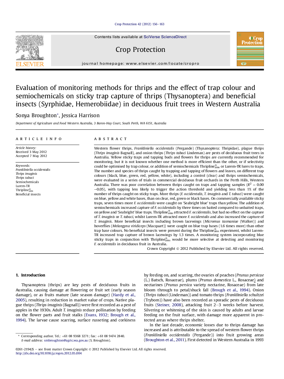 Evaluation of monitoring methods for thrips and the effect of trap colour and semiochemicals on sticky trap capture of thrips (Thysanoptera) and beneficial insects (Syrphidae, Hemerobiidae) in deciduous fruit trees in Western Australia