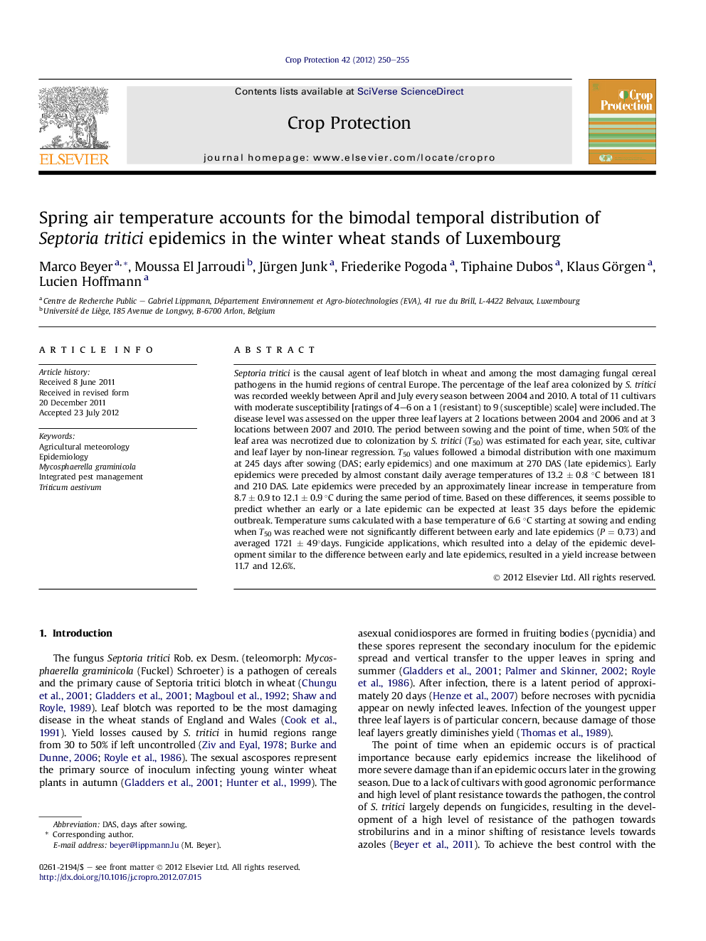 Spring air temperature accounts for the bimodal temporal distribution of Septoria tritici epidemics in the winter wheat stands of Luxembourg