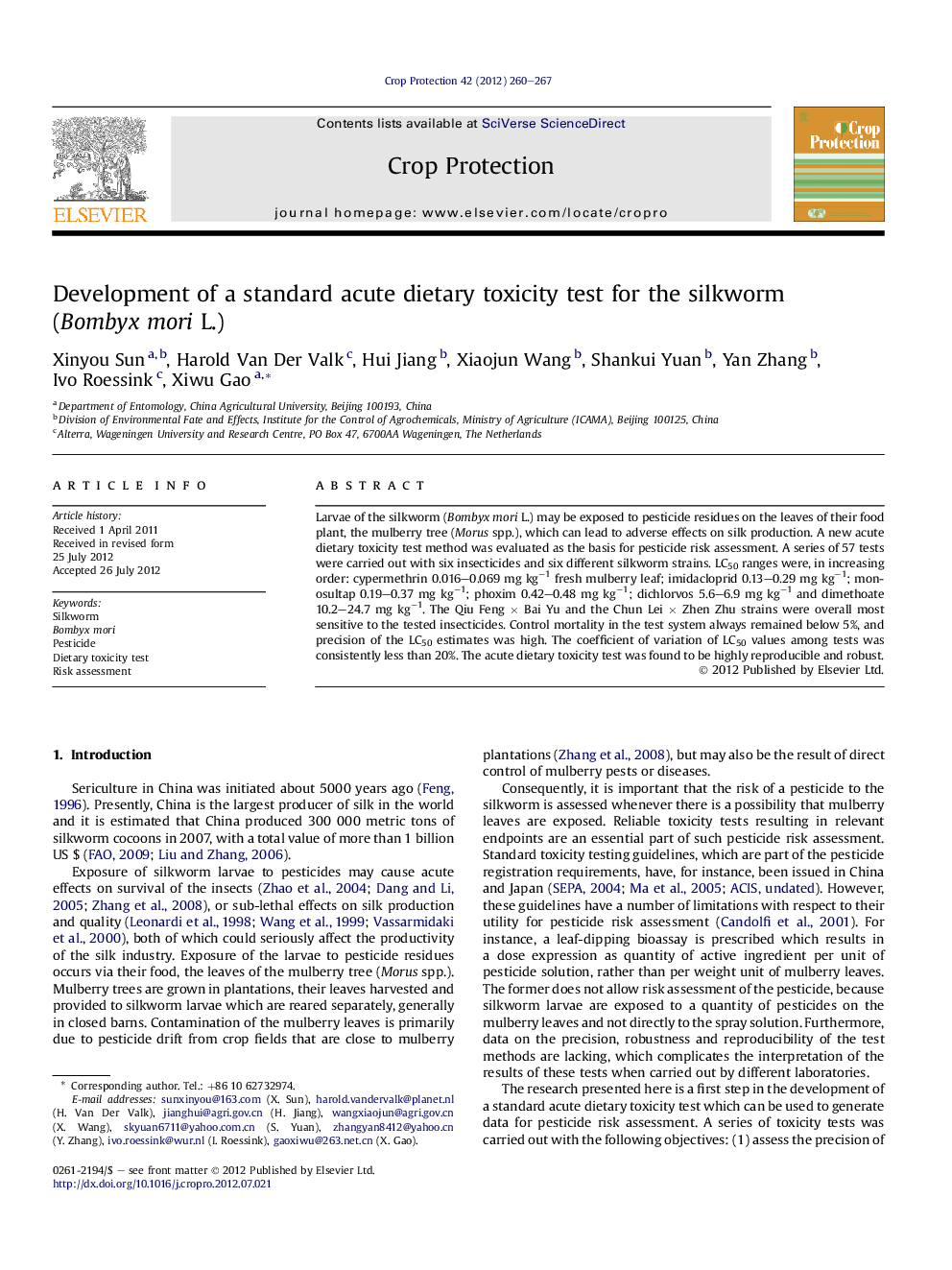 Development of a standard acute dietary toxicity test for the silkworm (Bombyx mori L.)