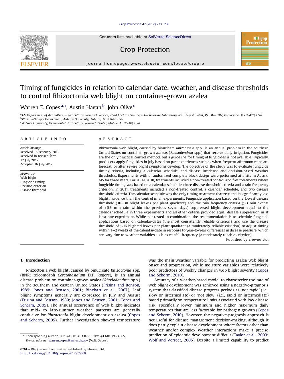 Timing of fungicides in relation to calendar date, weather, and disease thresholds to control Rhizoctonia web blight on container-grown azalea