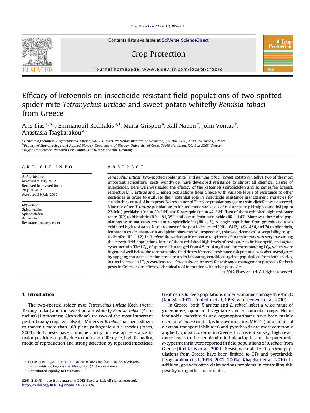 Efficacy of ketoenols on insecticide resistant field populations of two-spotted spider mite Tetranychus urticae and sweet potato whitefly Bemisia tabaci from Greece