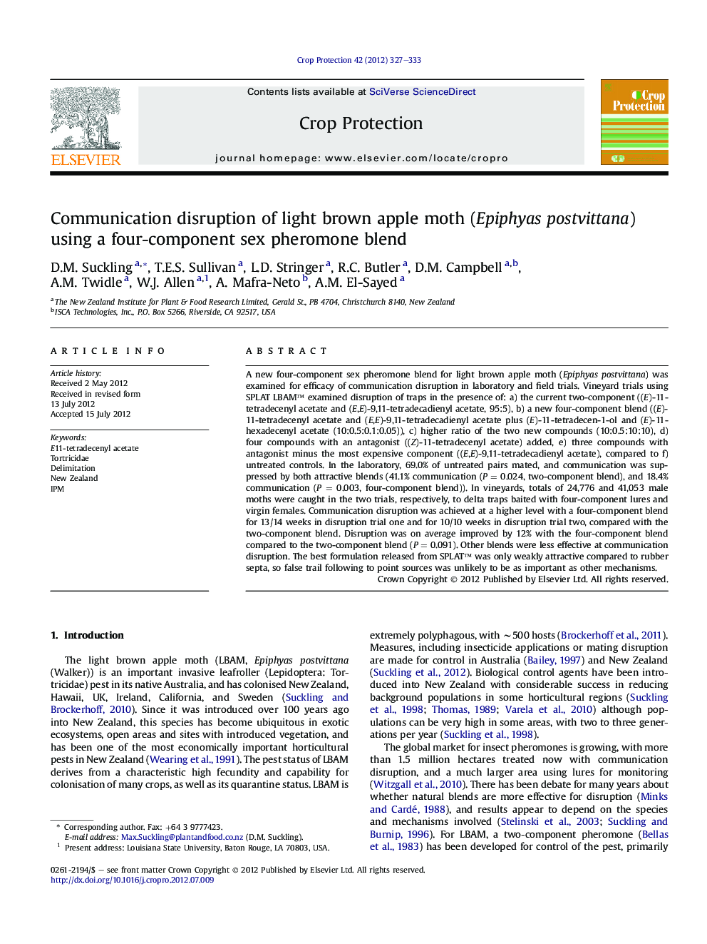 Communication disruption of light brown apple moth (Epiphyas postvittana) using a four-component sex pheromone blend