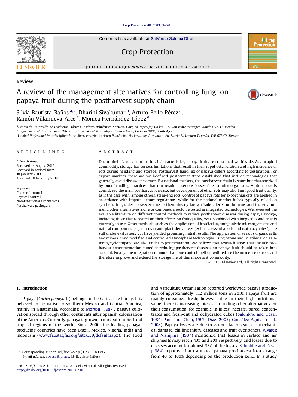 A review of the management alternatives for controlling fungi on papaya fruit during the postharvest supply chain