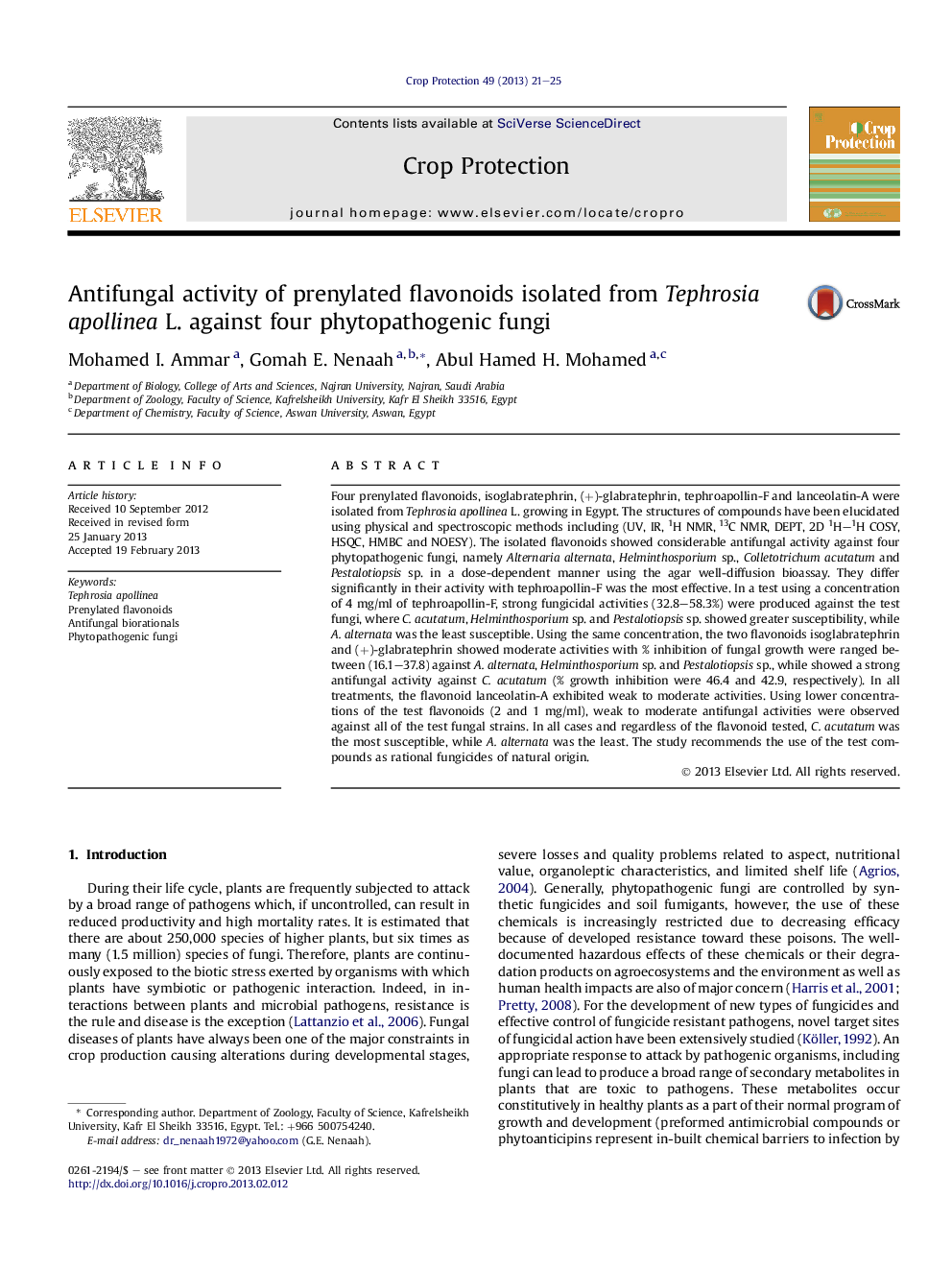 Antifungal activity of prenylated flavonoids isolated from Tephrosia apollinea L. against four phytopathogenic fungi