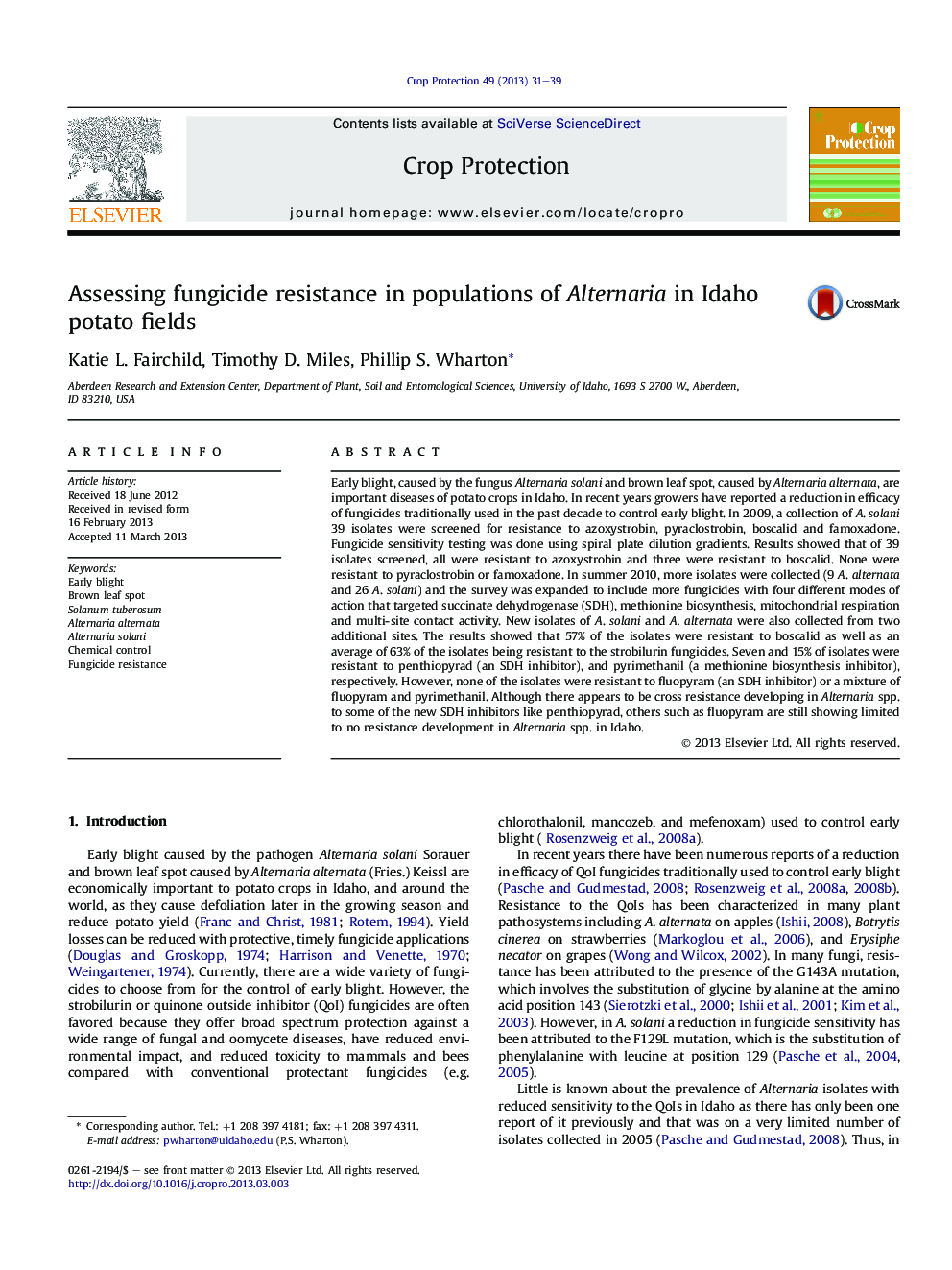 Assessing fungicide resistance in populations of Alternaria in Idaho potato fields