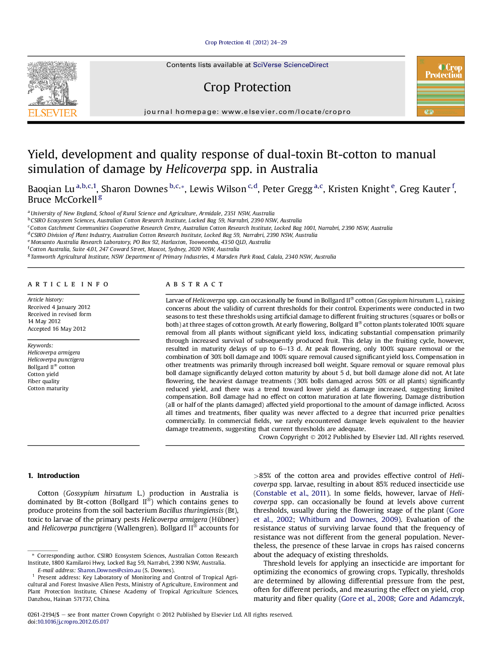 Yield, development and quality response of dual-toxin Bt-cotton to manual simulation of damage by Helicoverpa spp. in Australia