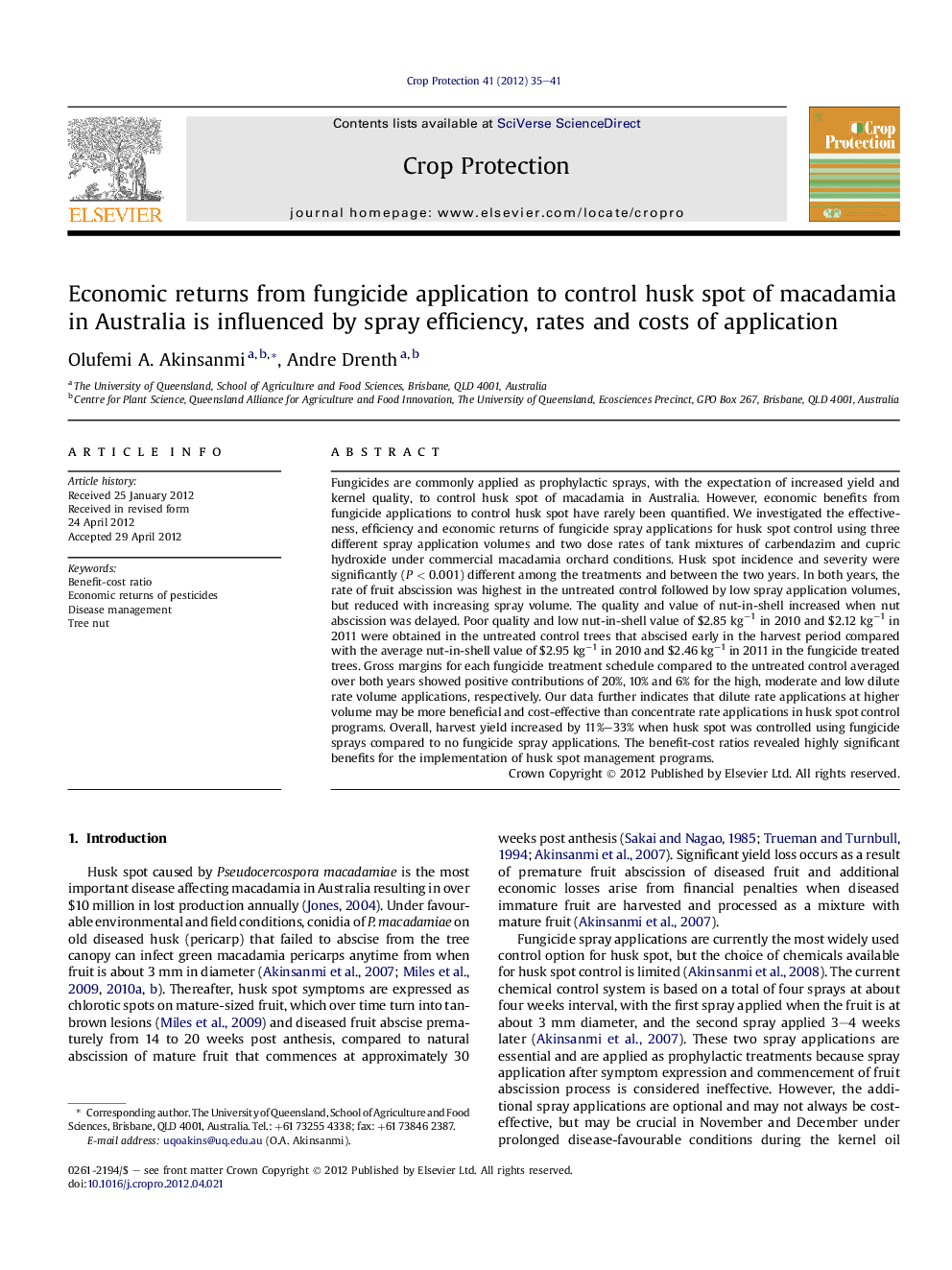 Economic returns from fungicide application to control husk spot of macadamia in Australia is influenced by spray efficiency, rates and costs of application