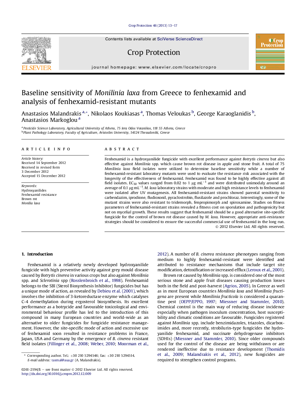 Baseline sensitivity of Monilinia laxa from Greece to fenhexamid and analysis of fenhexamid-resistant mutants