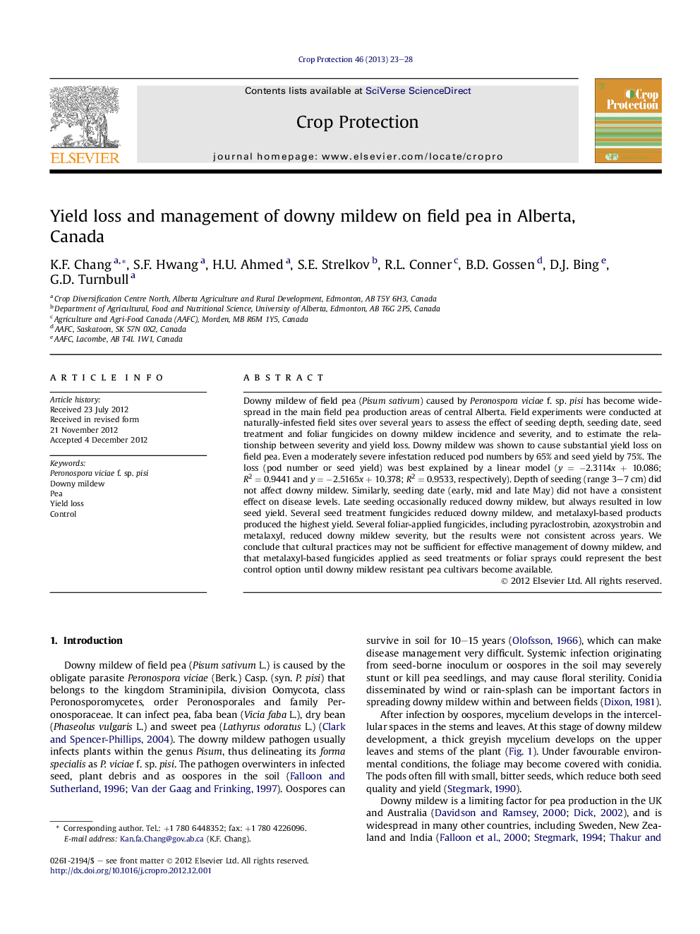 Yield loss and management of downy mildew on field pea in Alberta, Canada