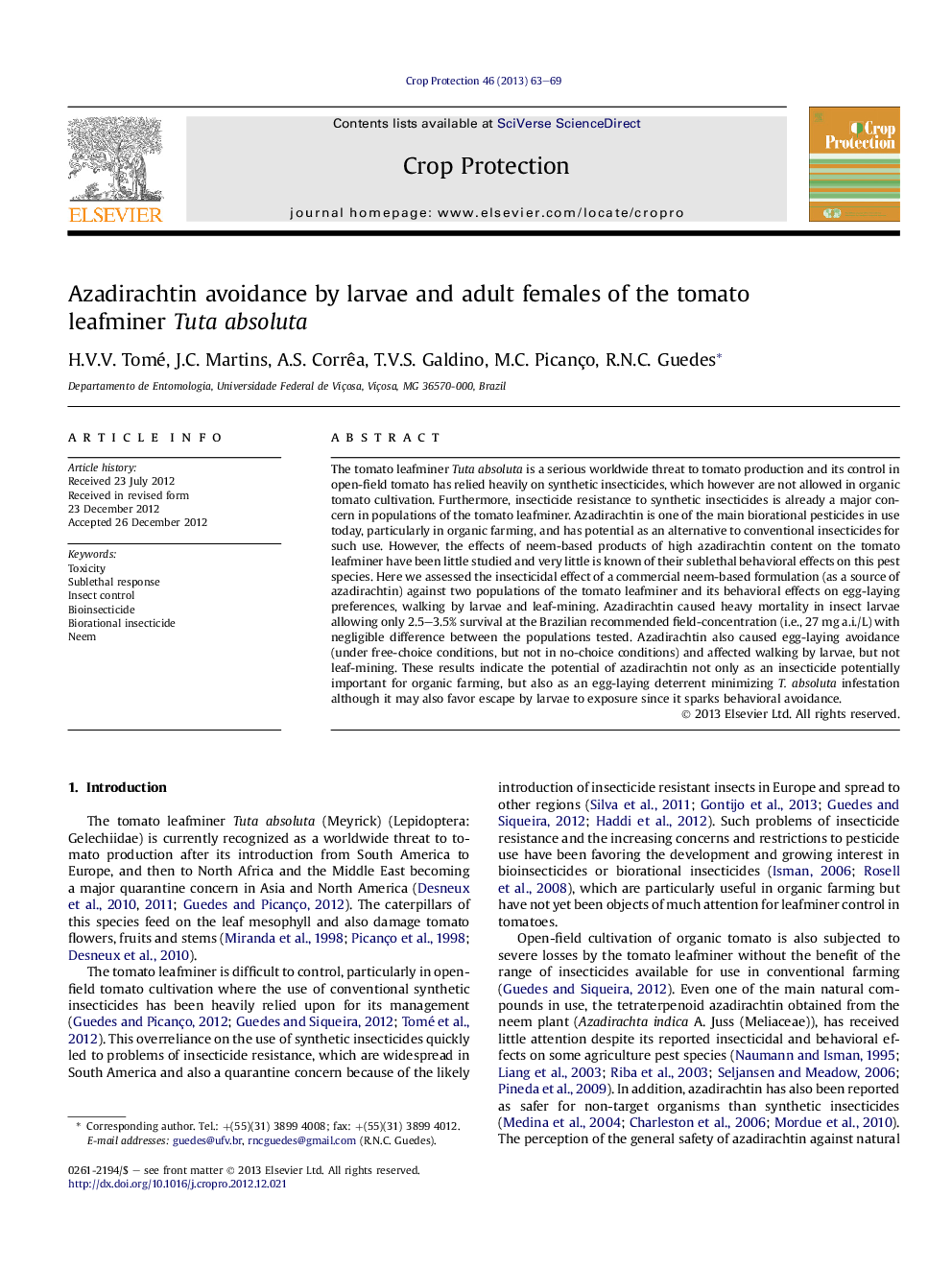 Azadirachtin avoidance by larvae and adult females of the tomato leafminer Tuta absoluta