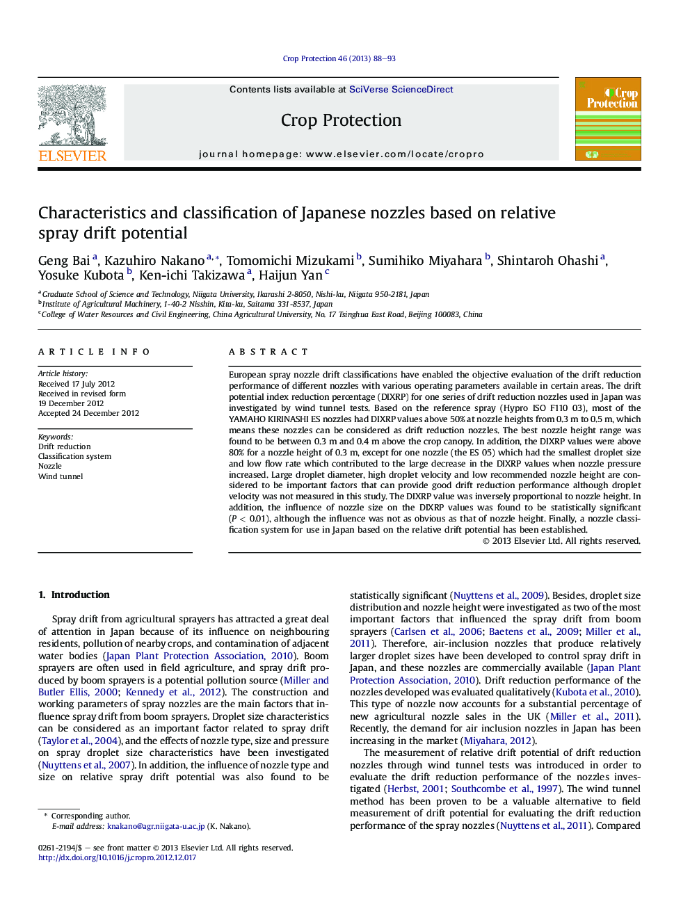 Characteristics and classification of Japanese nozzles based on relative spray drift potential