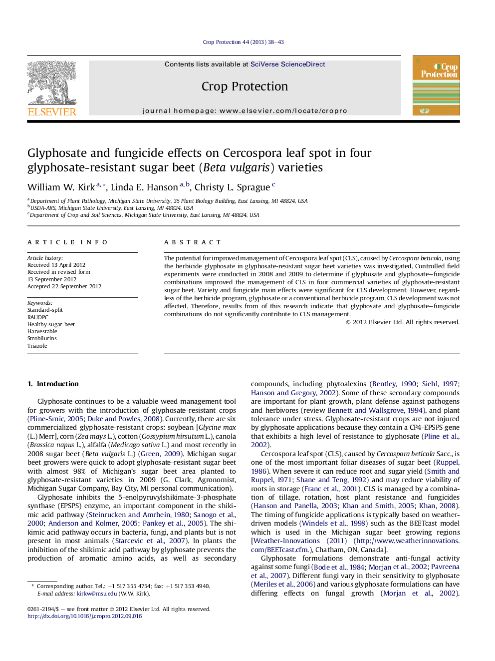 Glyphosate and fungicide effects on Cercospora leaf spot in four glyphosate-resistant sugar beet (Beta vulgaris) varieties