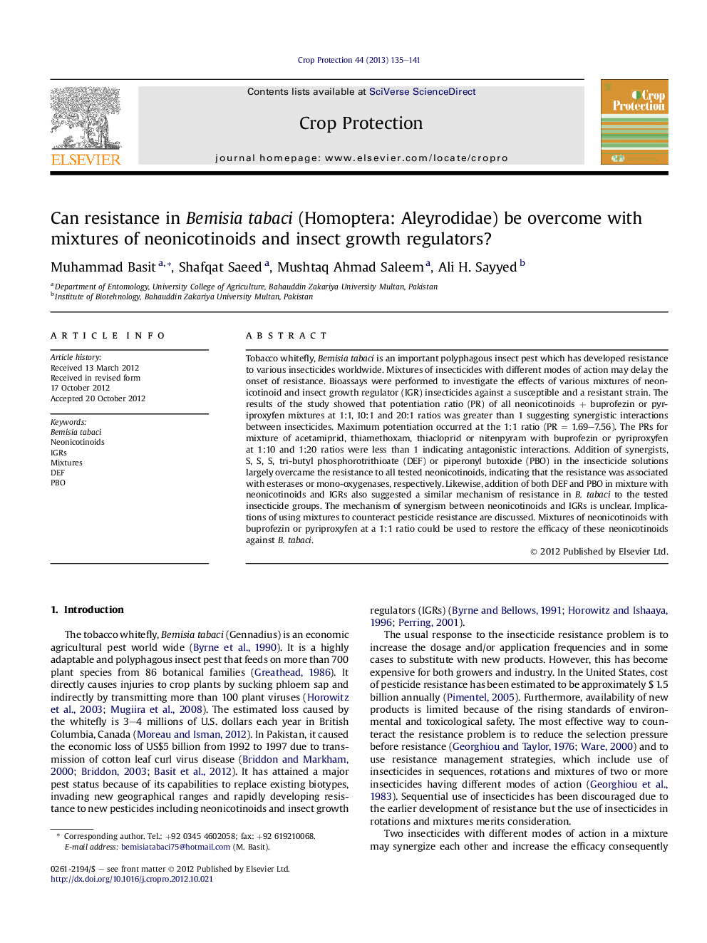 Can resistance in Bemisia tabaci (Homoptera: Aleyrodidae) be overcome with mixtures of neonicotinoids and insect growth regulators?