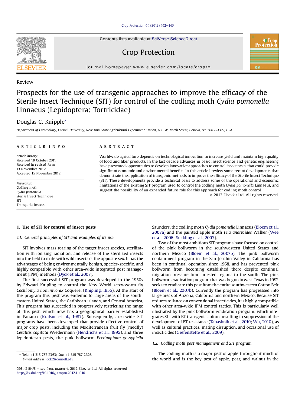 Prospects for the use of transgenic approaches to improve the efficacy of the Sterile Insect Technique (SIT) for control of the codling moth Cydia pomonella Linnaeus (Lepidoptera: Tortricidae)