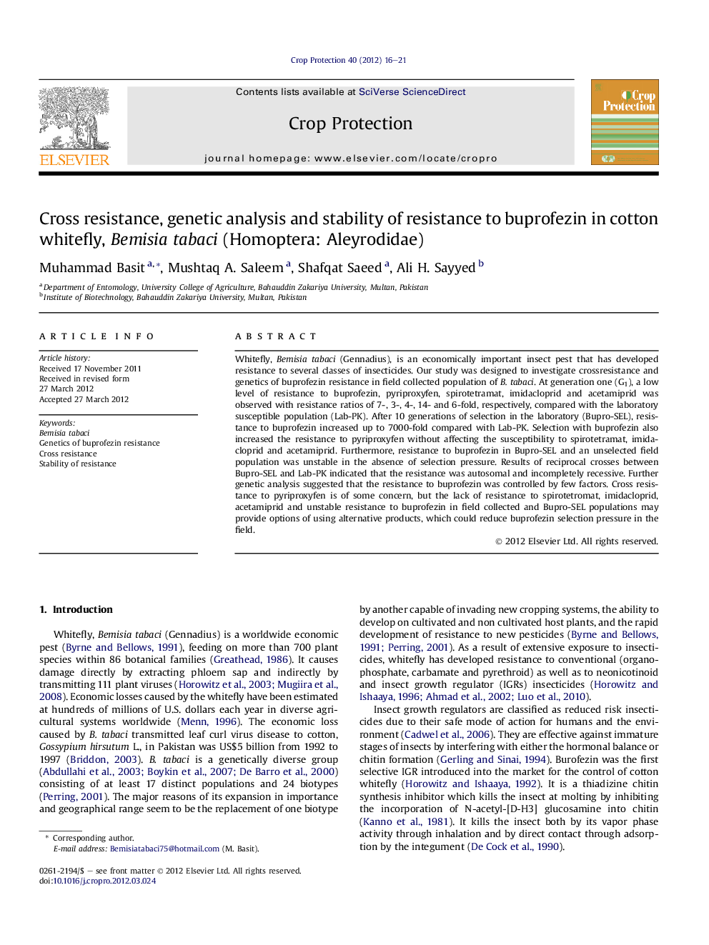 Cross resistance, genetic analysis and stability of resistance to buprofezin in cotton whitefly, Bemisia tabaci (Homoptera: Aleyrodidae)