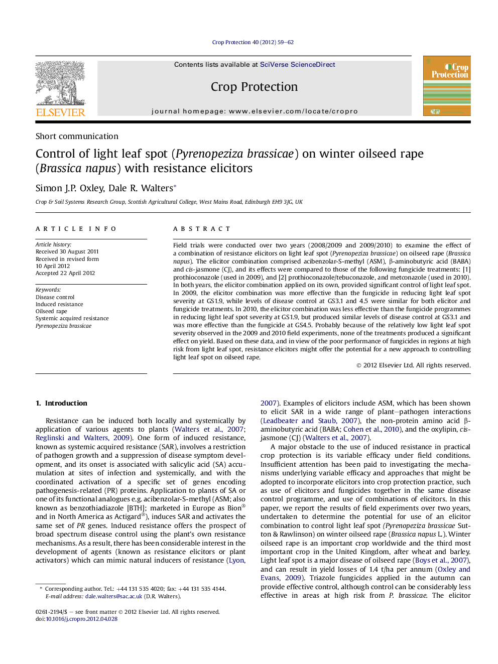 Control of light leaf spot (Pyrenopeziza brassicae) on winter oilseed rape (Brassica napus) with resistance elicitors