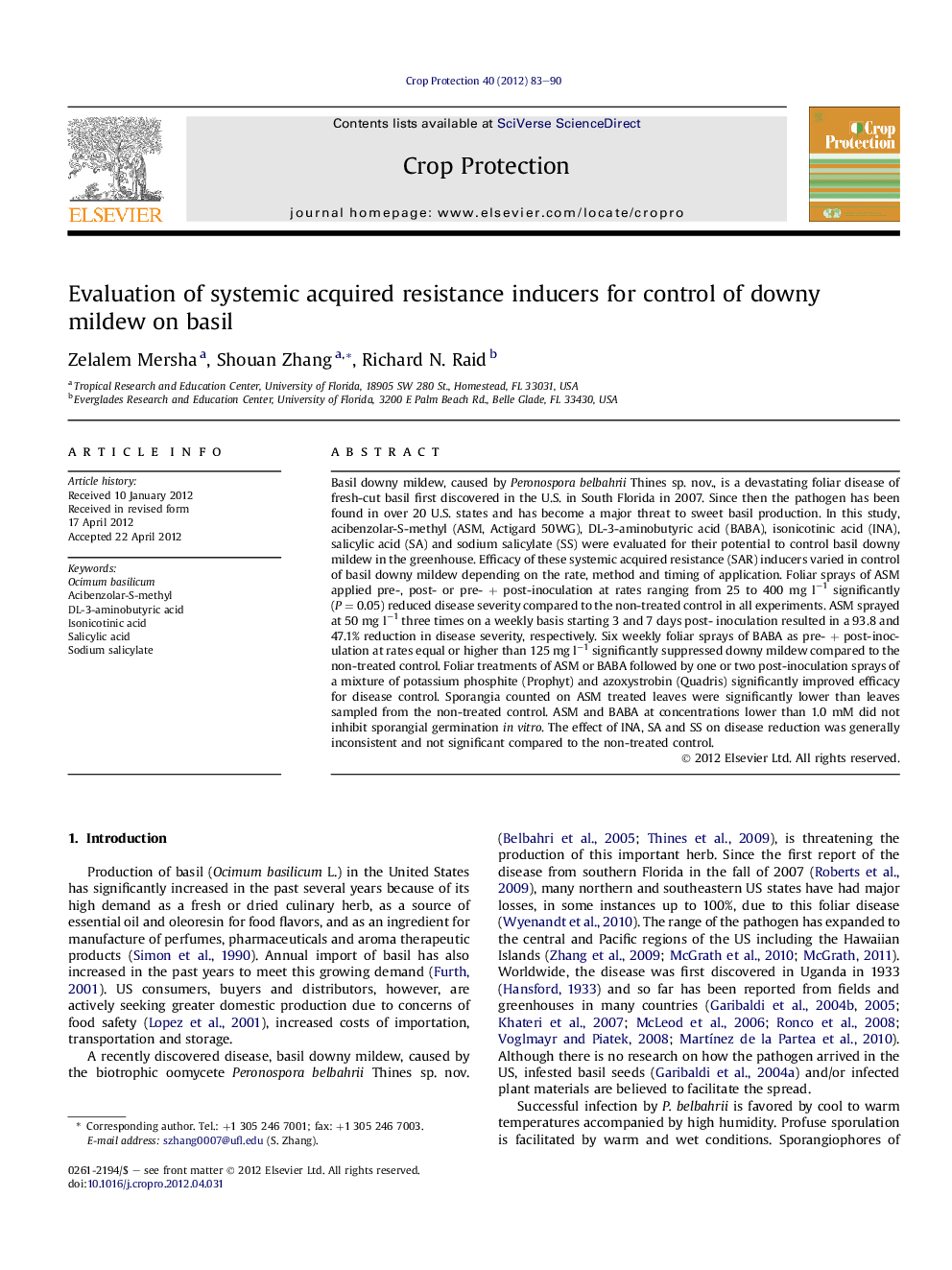 Evaluation of systemic acquired resistance inducers for control of downy mildew on basil