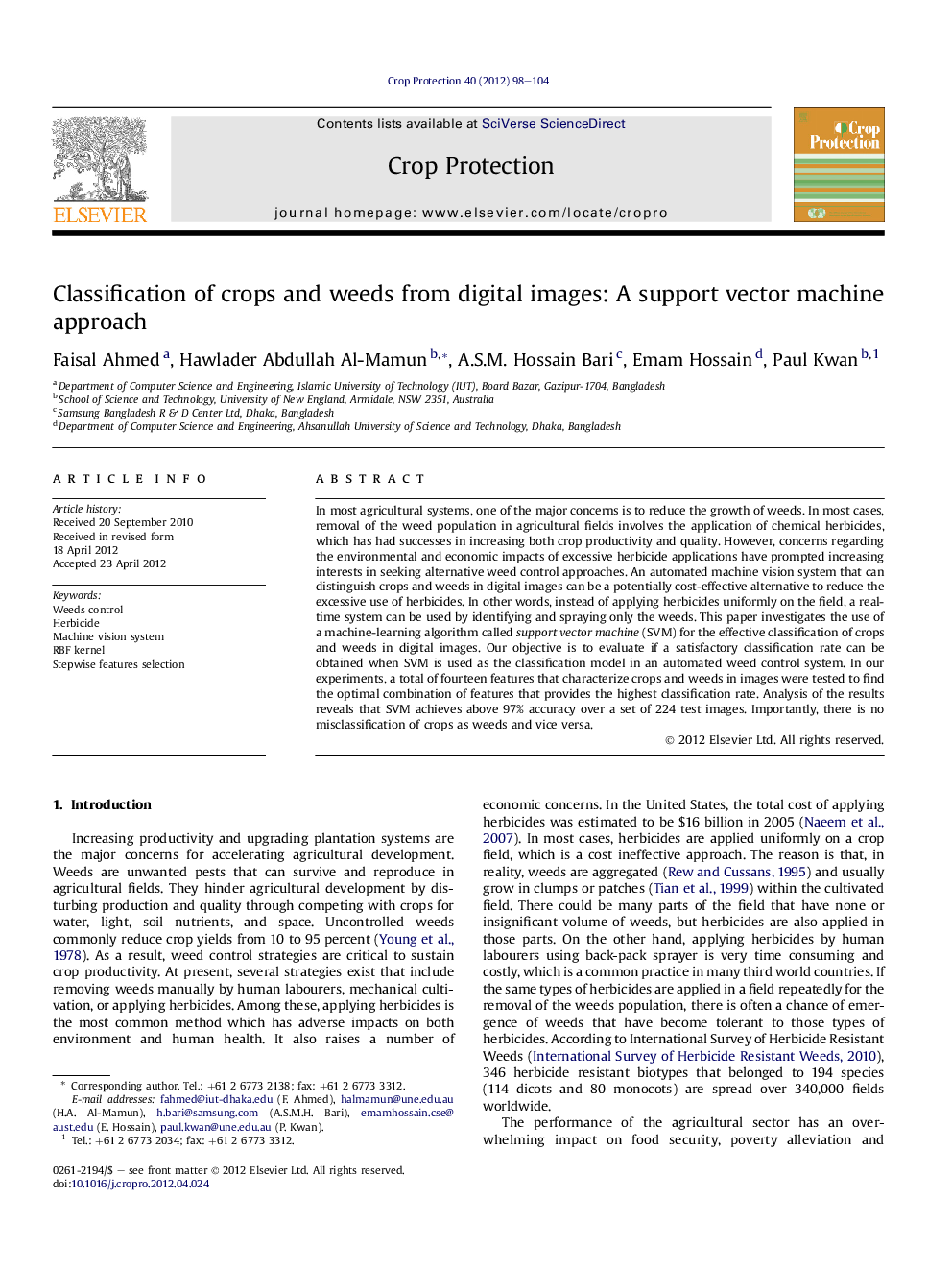 Classification of crops and weeds from digital images: A support vector machine approach