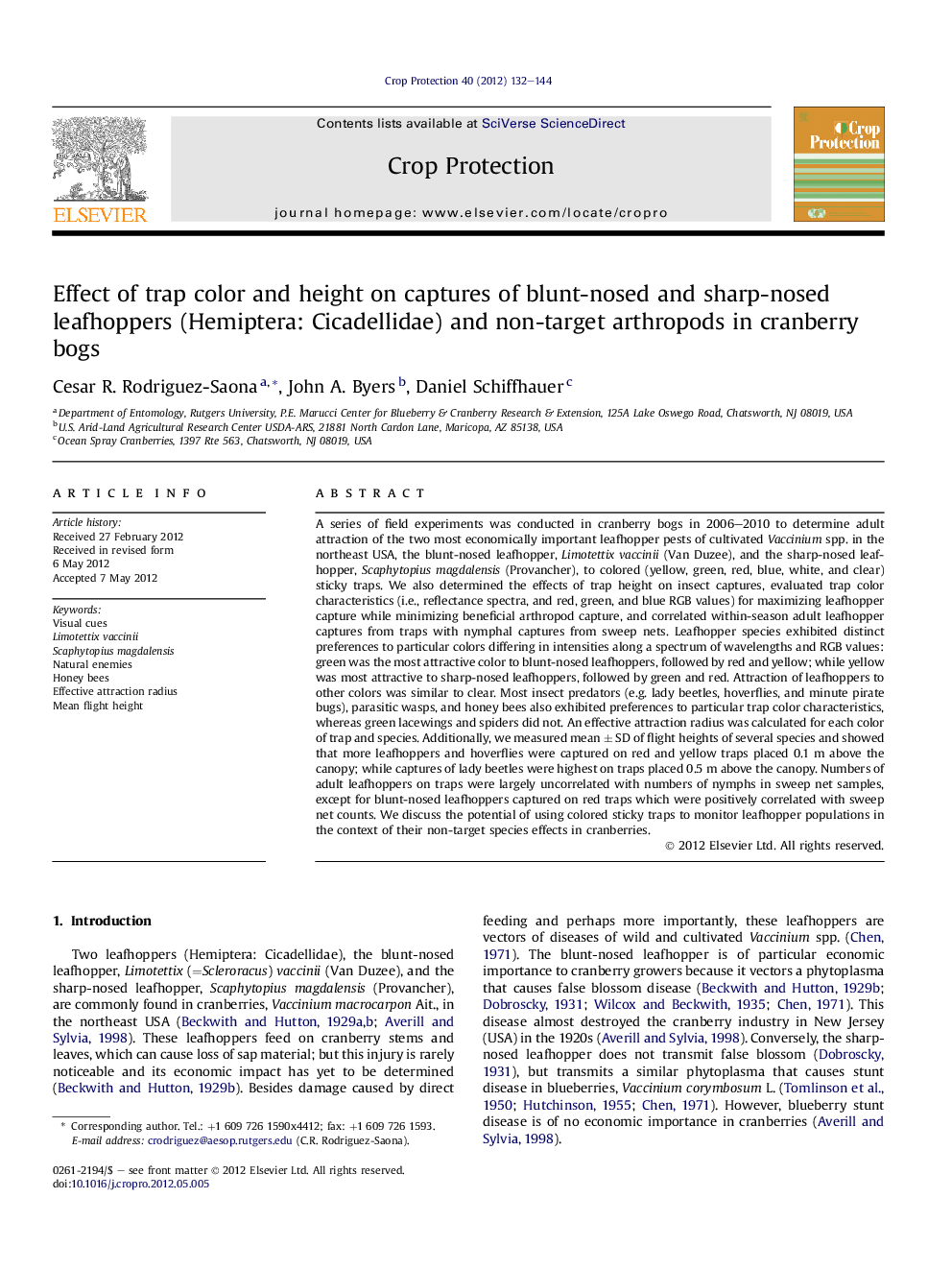 Effect of trap color and height on captures of blunt-nosed and sharp-nosed leafhoppers (Hemiptera: Cicadellidae) and non-target arthropods in cranberry bogs