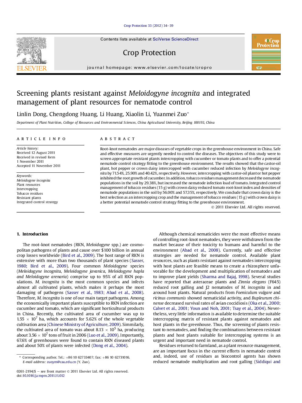 Screening plants resistant against Meloidogyne incognita and integrated management of plant resources for nematode control