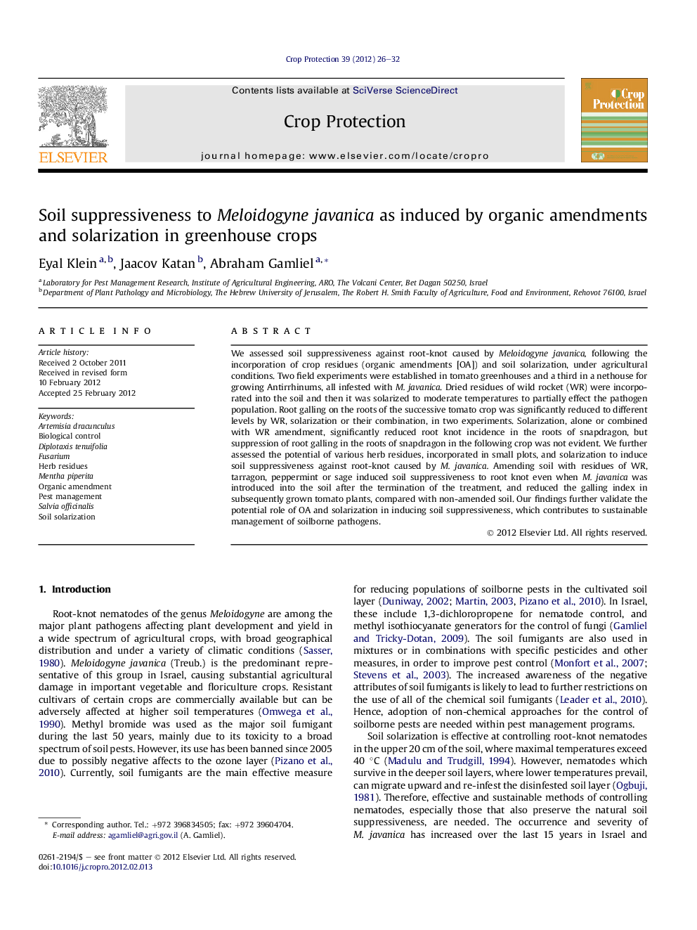 Soil suppressiveness to Meloidogyne javanica as induced by organic amendments and solarization in greenhouse crops