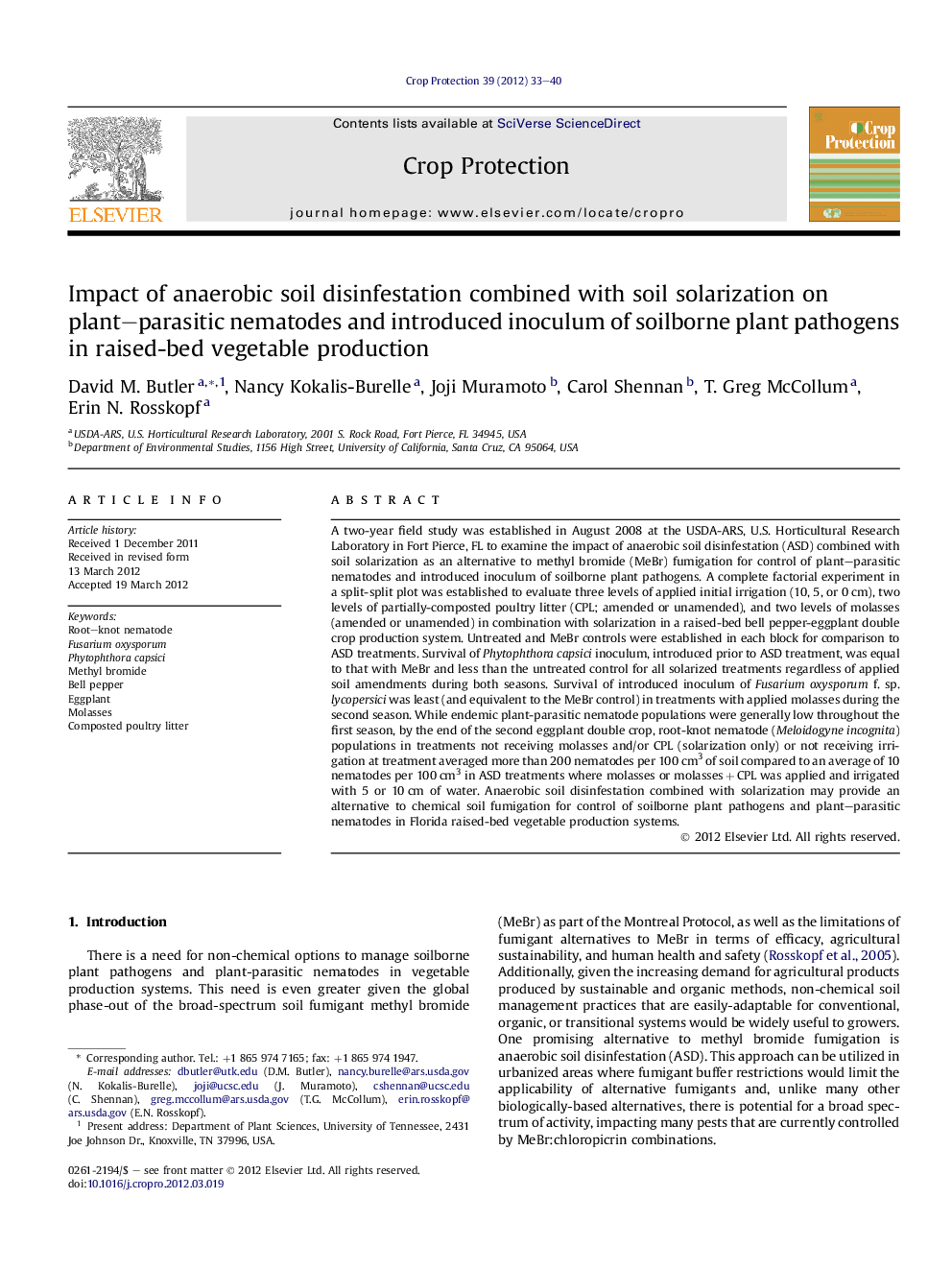 Impact of anaerobic soil disinfestation combined with soil solarization on plant–parasitic nematodes and introduced inoculum of soilborne plant pathogens in raised-bed vegetable production