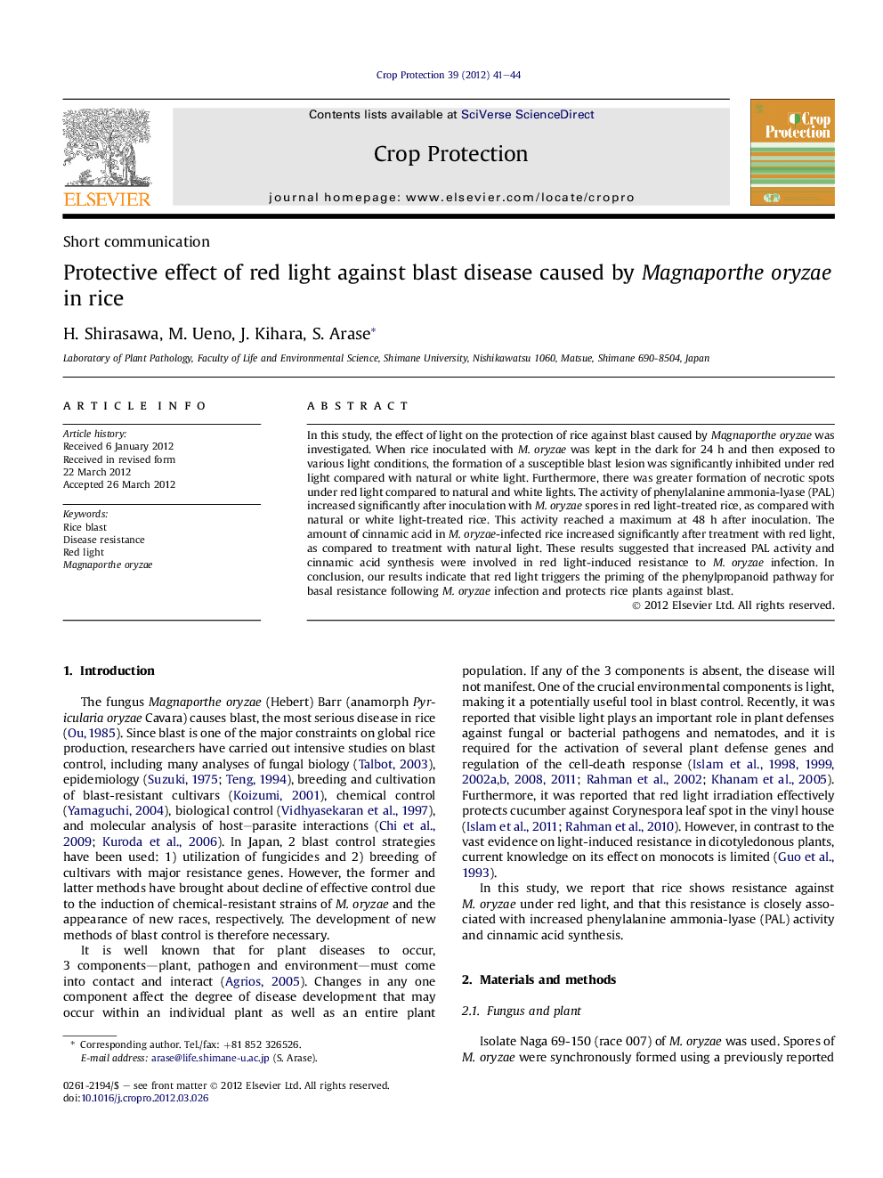 Protective effect of red light against blast disease caused by Magnaporthe oryzae in rice