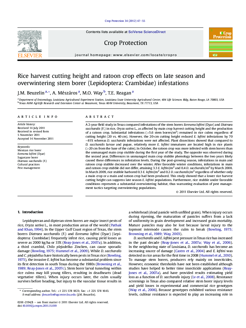 Rice harvest cutting height and ratoon crop effects on late season and overwintering stem borer (Lepidoptera: Crambidae) infestations