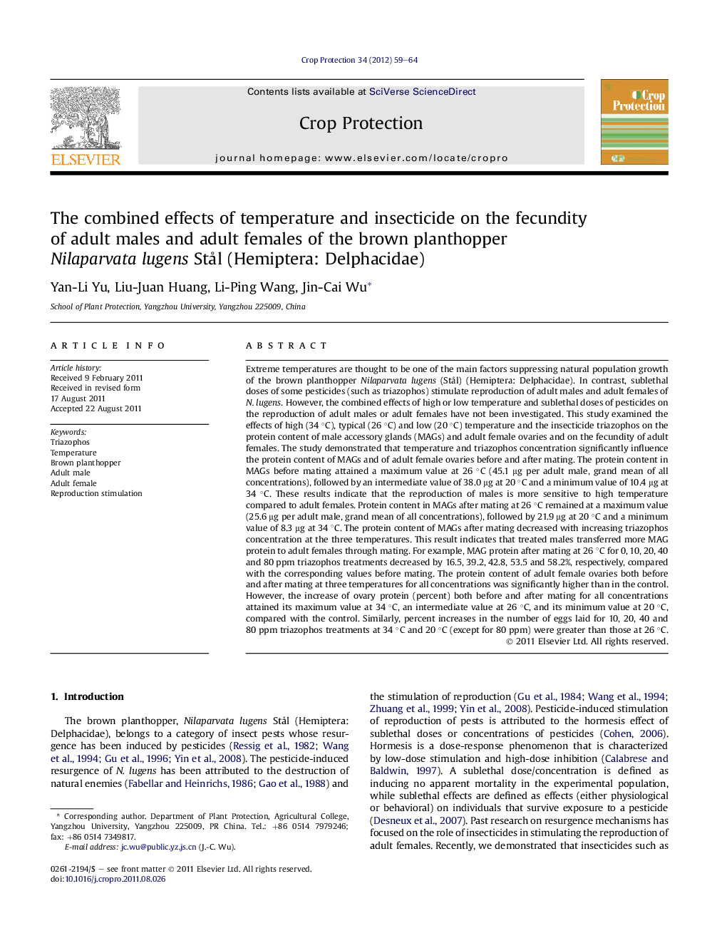 The combined effects of temperature and insecticide on the fecundity of adult males and adult females of the brown planthopper Nilaparvata lugens Stål (Hemiptera: Delphacidae)