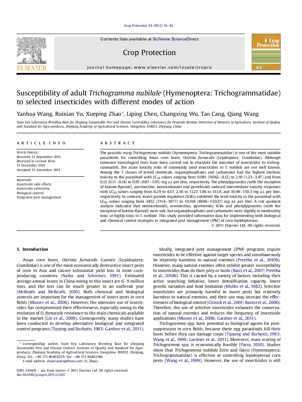 Susceptibility of adult Trichogramma nubilale (Hymenoptera: Trichogrammatidae) to selected insecticides with different modes of action