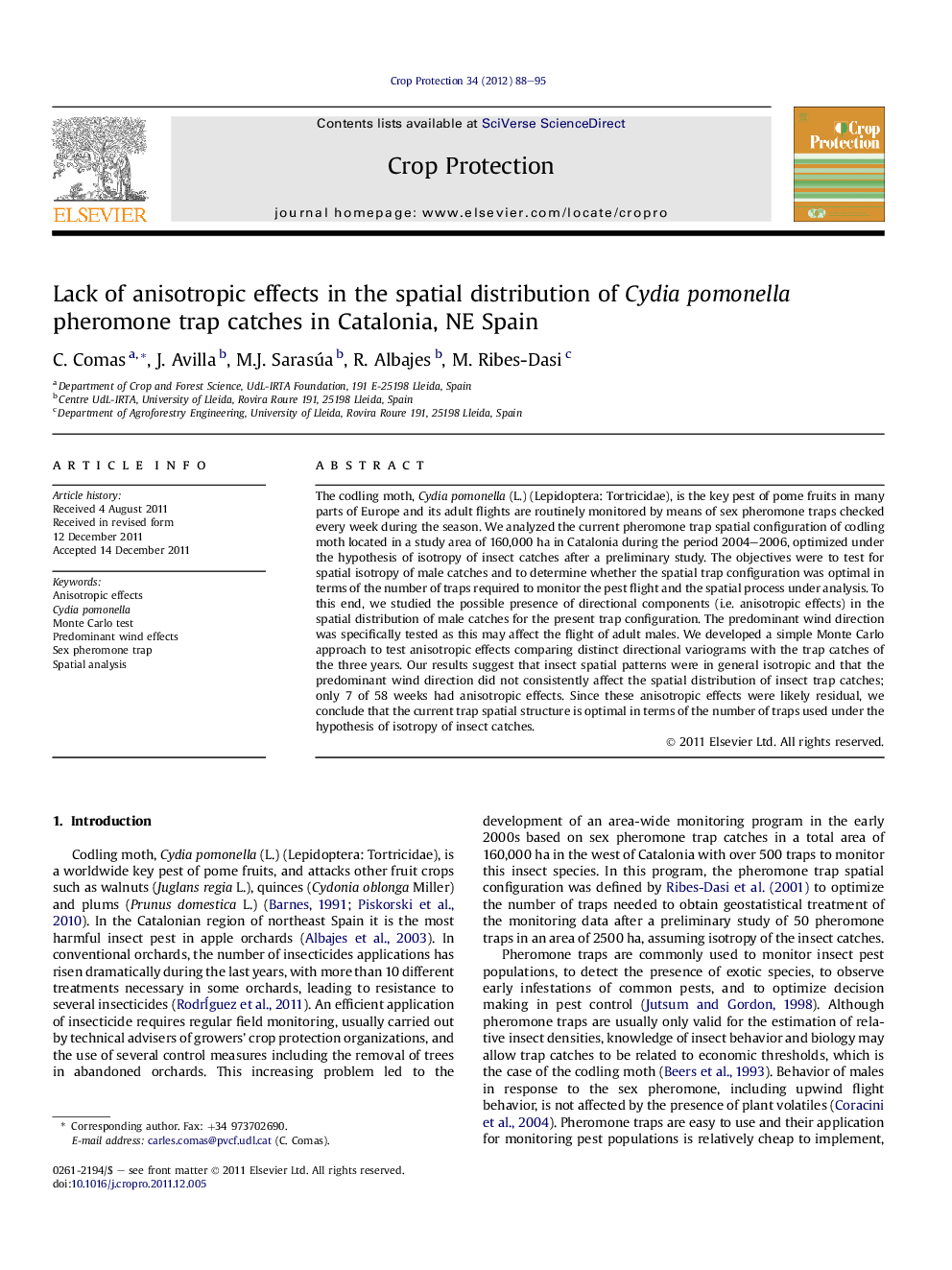 Lack of anisotropic effects in the spatial distribution of Cydia pomonella pheromone trap catches in Catalonia, NE Spain