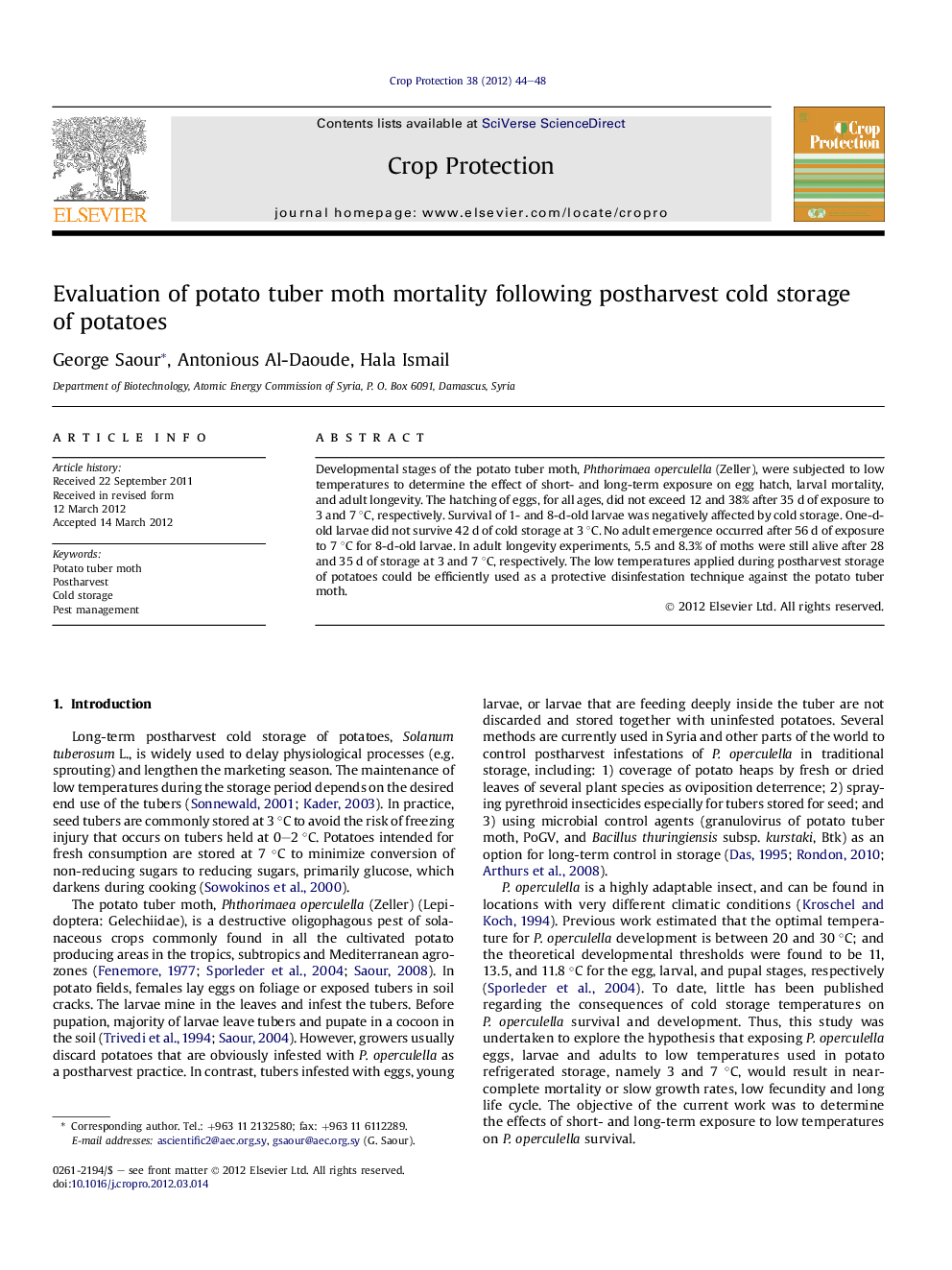 Evaluation of potato tuber moth mortality following postharvest cold storage of potatoes