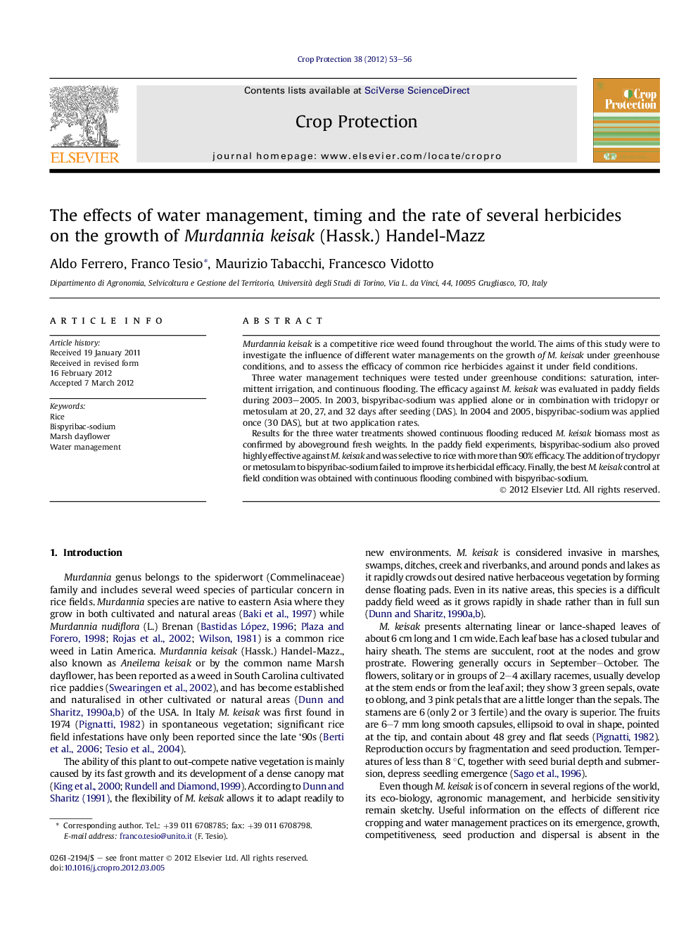 The effects of water management, timing and the rate of several herbicides on the growth of Murdannia keisak (Hassk.) Handel-Mazz