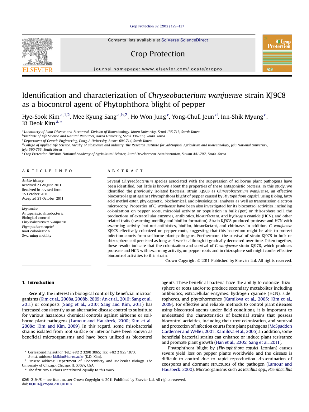 Identification and characterization of Chryseobacterium wanjuense strain KJ9C8 as a biocontrol agent of Phytophthora blight of pepper