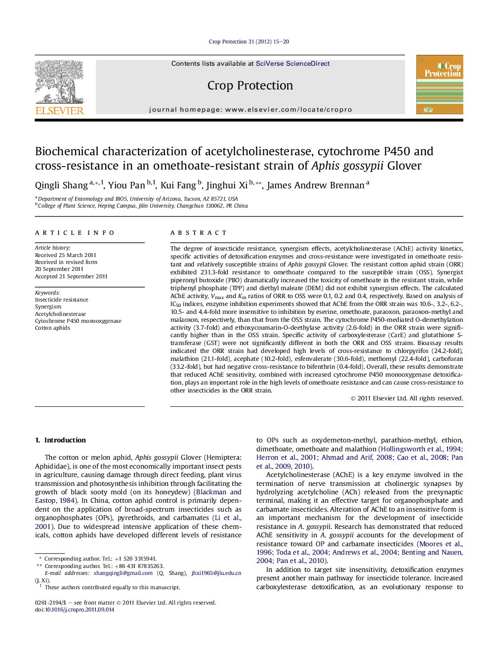 Biochemical characterization of acetylcholinesterase, cytochrome P450 and cross-resistance in an omethoate-resistant strain of Aphis gossypii Glover