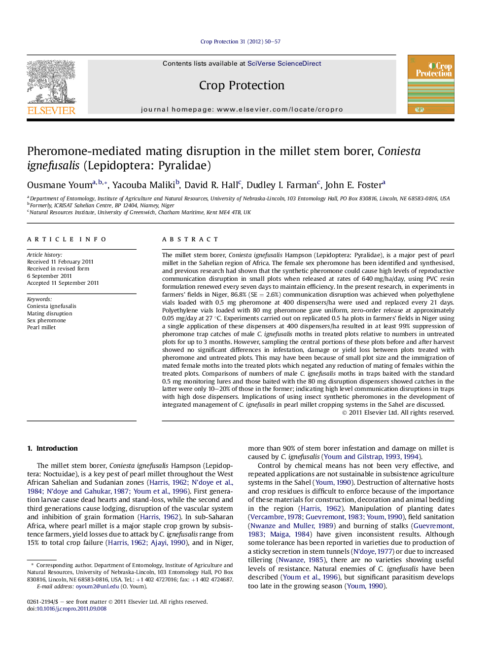 Pheromone-mediated mating disruption in the millet stem borer, Coniesta ignefusalis (Lepidoptera: Pyralidae)