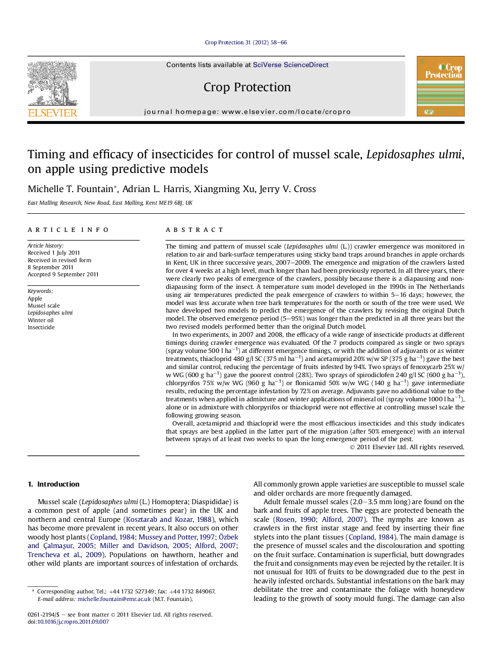 Timing and efficacy of insecticides for control of mussel scale, Lepidosaphes ulmi, on apple using predictive models