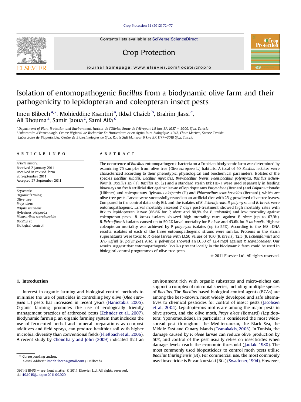 Isolation of entomopathogenic Bacillus from a biodynamic olive farm and their pathogenicity to lepidopteran and coleopteran insect pests