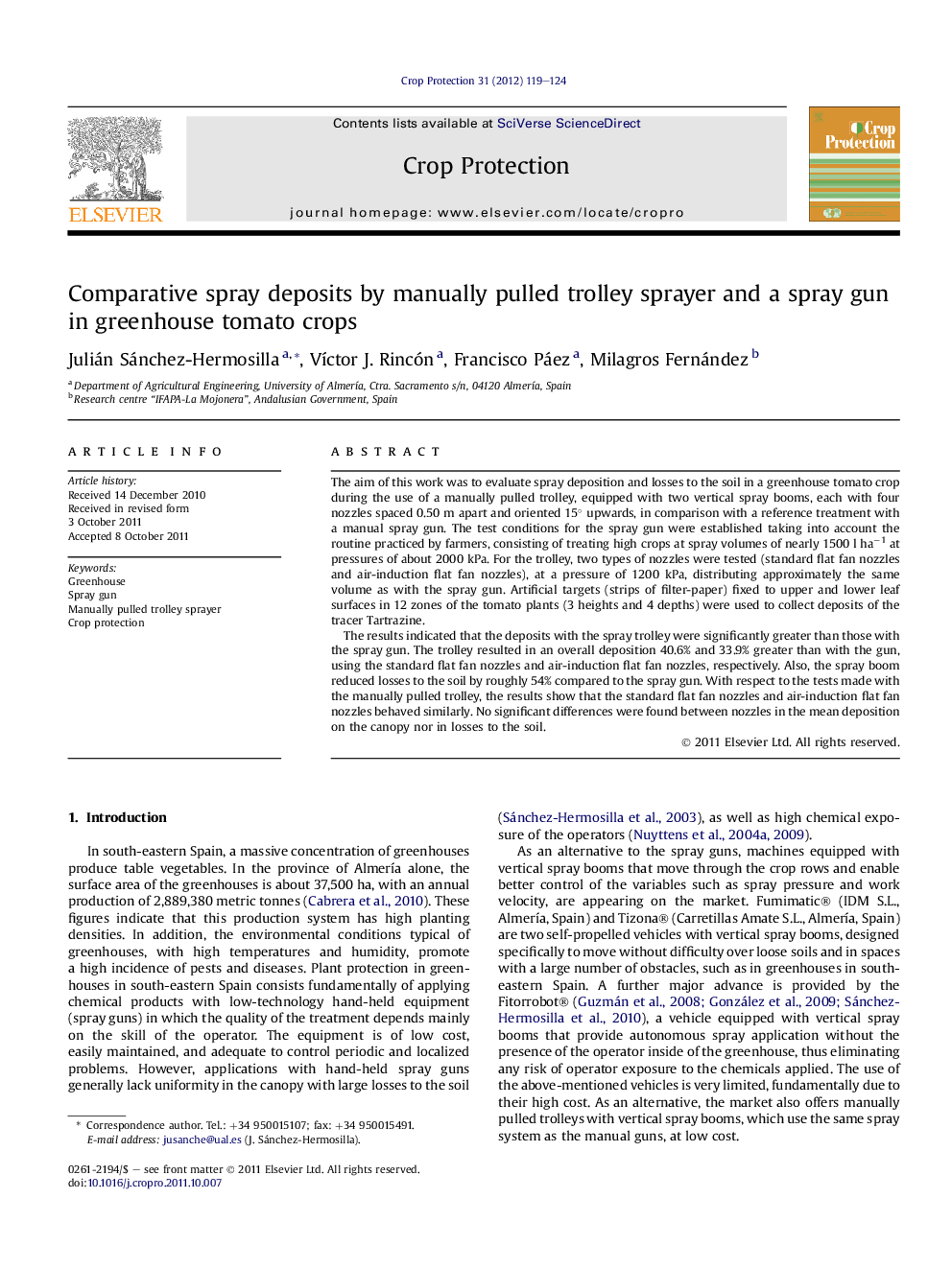 Comparative spray deposits by manually pulled trolley sprayer and a spray gun in greenhouse tomato crops