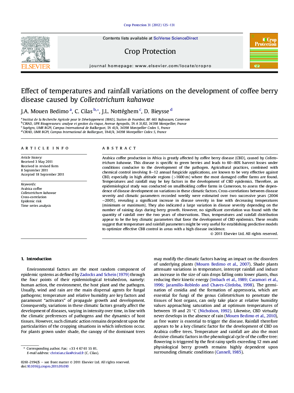 Effect of temperatures and rainfall variations on the development of coffee berry disease caused by Colletotrichum kahawae