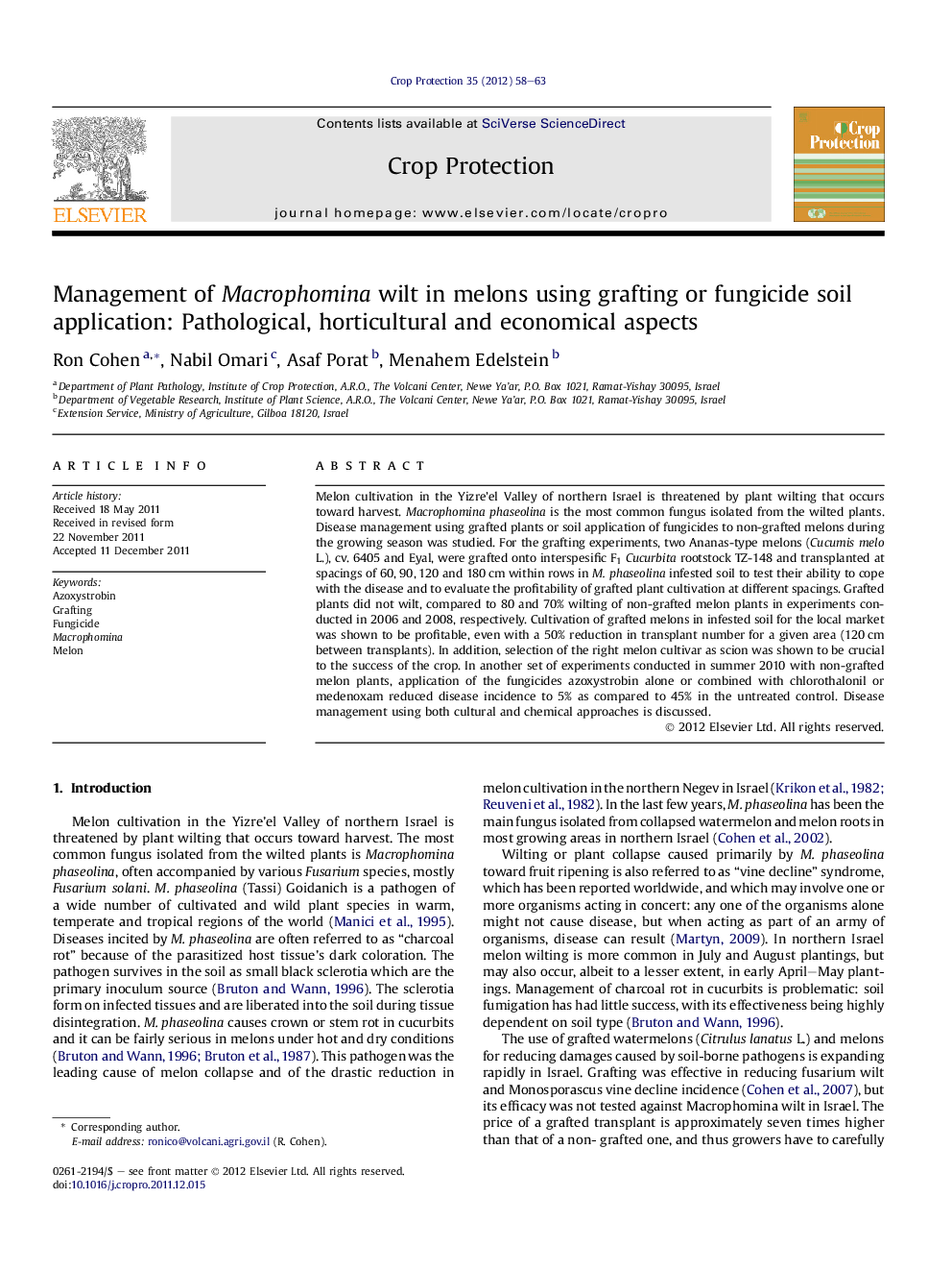 Management of Macrophomina wilt in melons using grafting or fungicide soil application: Pathological, horticultural and economical aspects